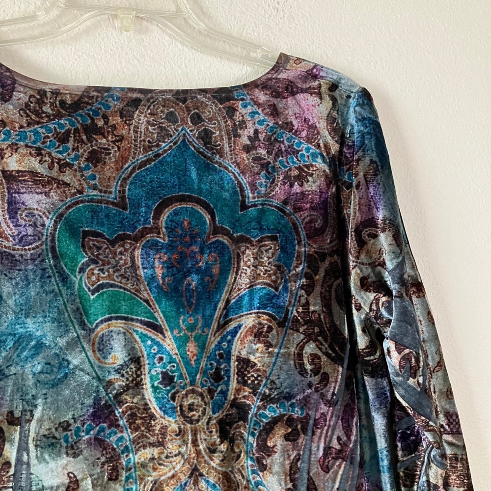 ONE WORLD Velour V-neck Top 2X Flare Sleeve Mixed Print Fairy Grunge Whimsigoth - Picture 9 of 12